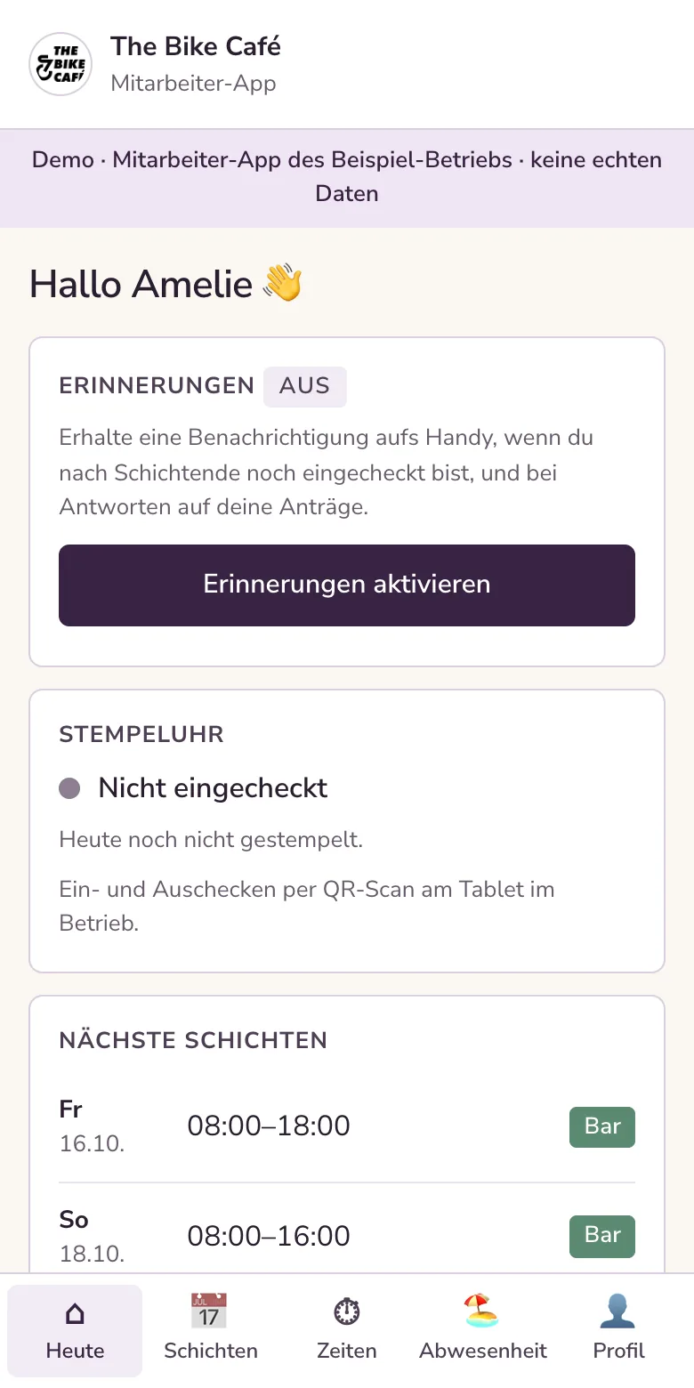 Keksu Mitarbeiter-App: Heute mit Schicht, Stempeluhr und Trinkgeld