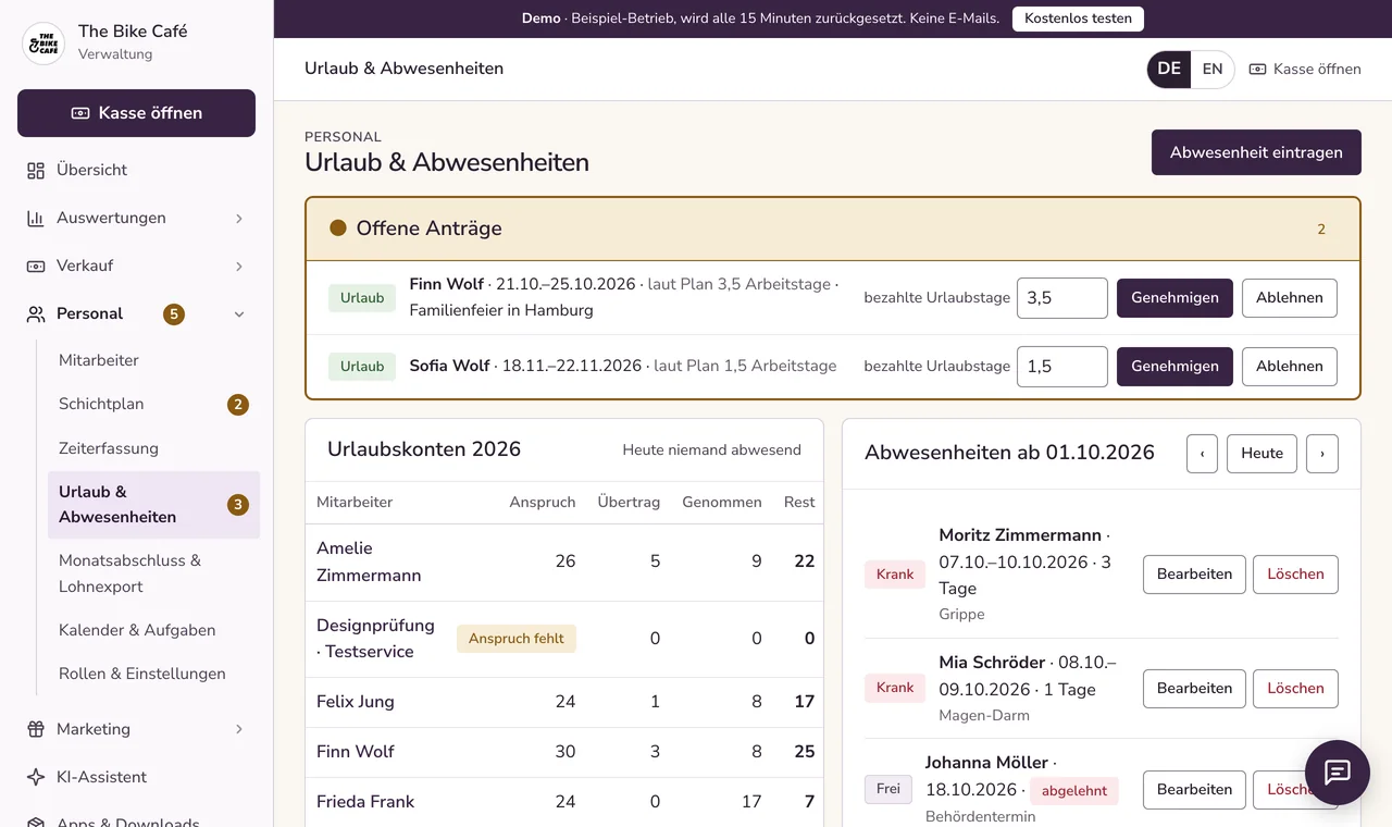 Keksu-Verwaltung: Urlaub und Abwesenheiten mit offenen Anträgen