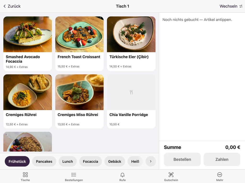 Keksu Kasse: Tisch 1 mit Speisekarte und Bon