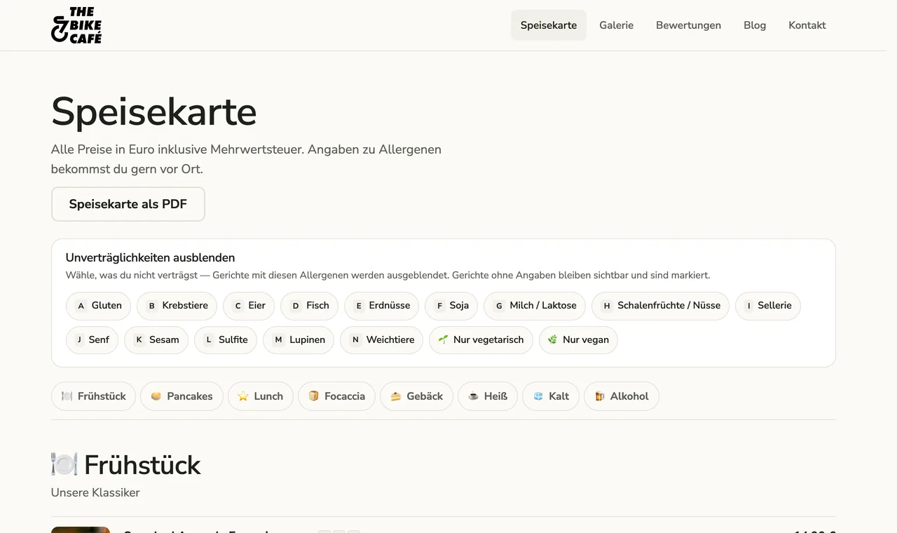 Beispiel-Webseite: Online-Speisekarte mit Allergenfilter