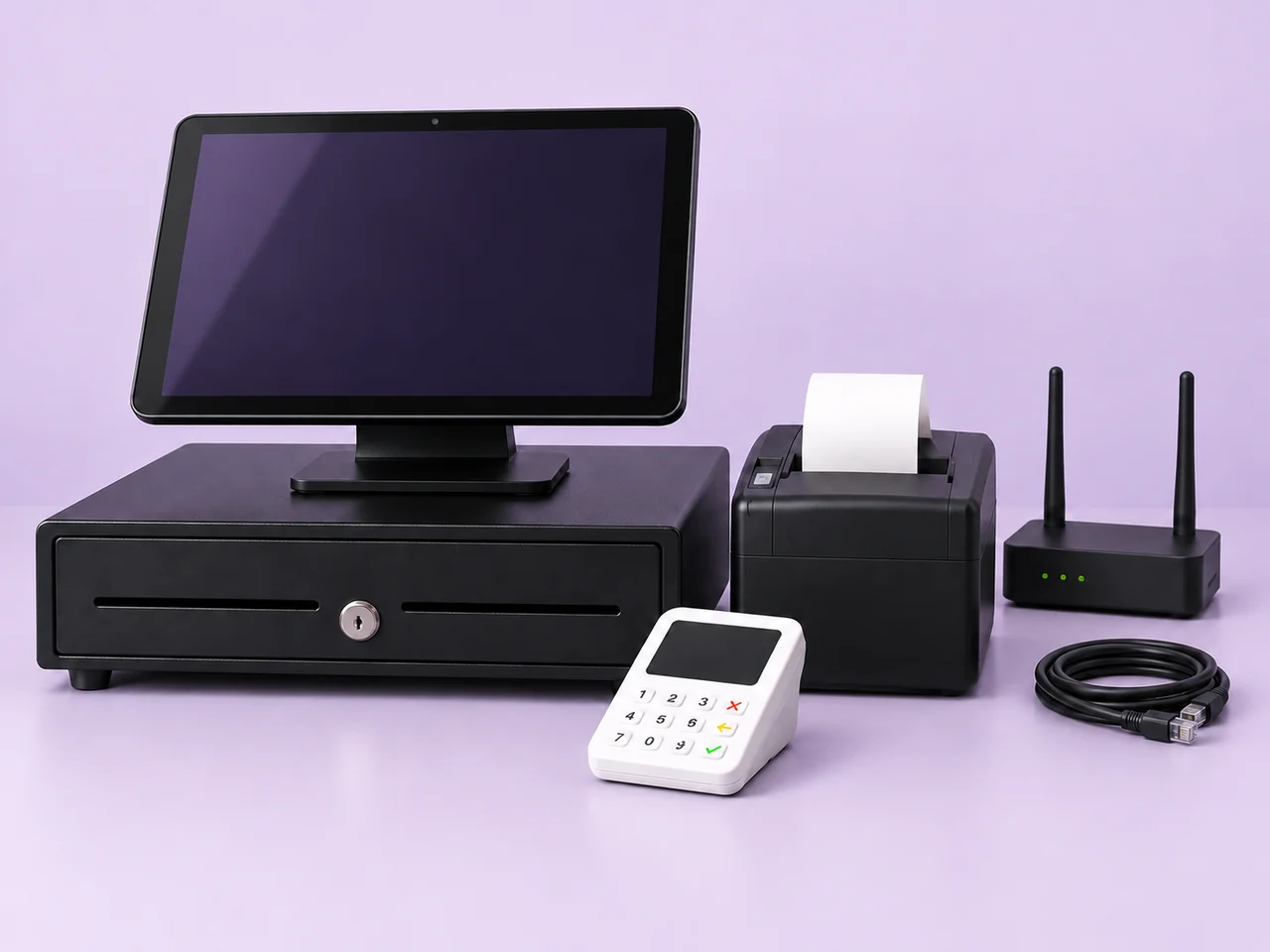 Beispiel eines Hardwarepakets mit Kassentablet auf St&auml;nder, Geldschublade, Bondrucker, zwei mobilen Kartenterminals, Router und Kabel.