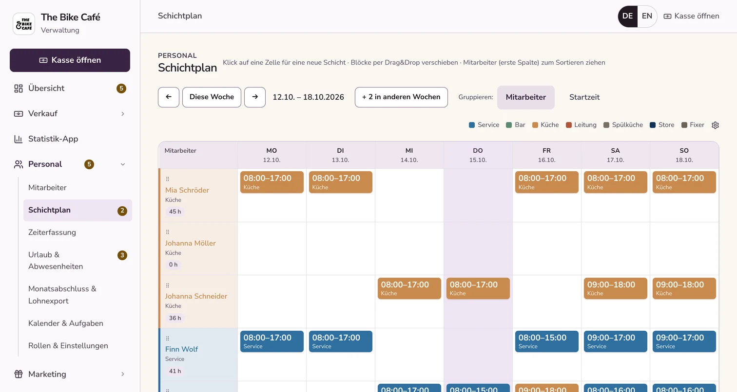 Schichtplan in der Keksu-Verwaltung: Wochenansicht mit Schichten für Küche und Service