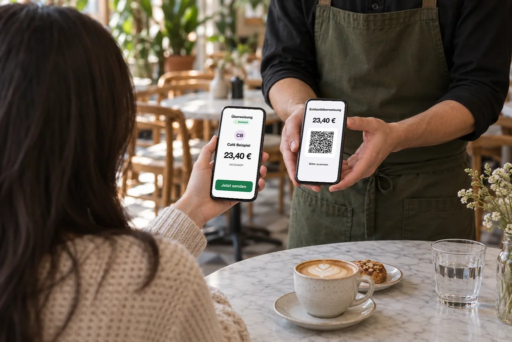 Kellner zeigt den QR-Code auf dem Kassen-Handy, die Gästin bestätigt die Echtzeitüberweisung in ihrer Banking-App