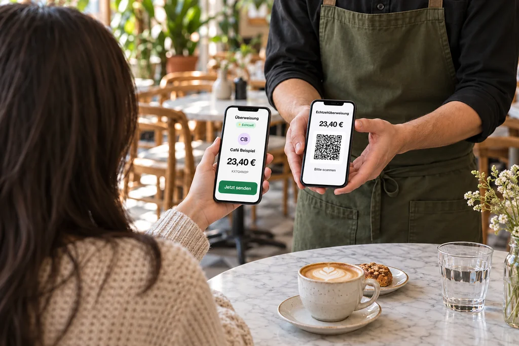 Kellner zeigt den QR-Code auf dem Kassen-Handy, die G&auml;stin best&auml;tigt die Echtzeit&uuml;berweisung in ihrer Banking-App