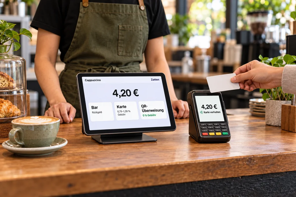 Kassen-Tablet zeigt die Zahlarten mit Geb&uuml;hr, daneben zahlt ein Gast kontaktlos am Kartenterminal
