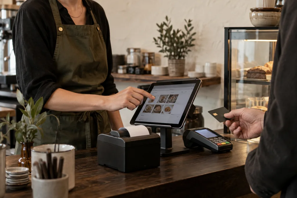 Illustration: Kassieren am Tablet mit Kartenterminal und Belegdrucker