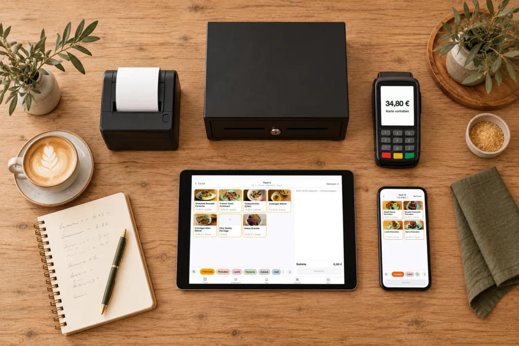 Top view of the parts of a POS system: tablet with POS, phone, receipt printer, cash drawer and card terminal