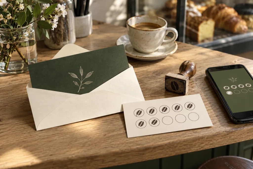 Illustration: Gutschein, Stempelkarte und digitale Kundenkarte im Café