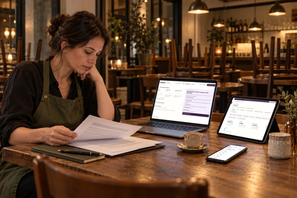 After closing, the owner checks her contract and costs; the laptop shows the POS cost comparison