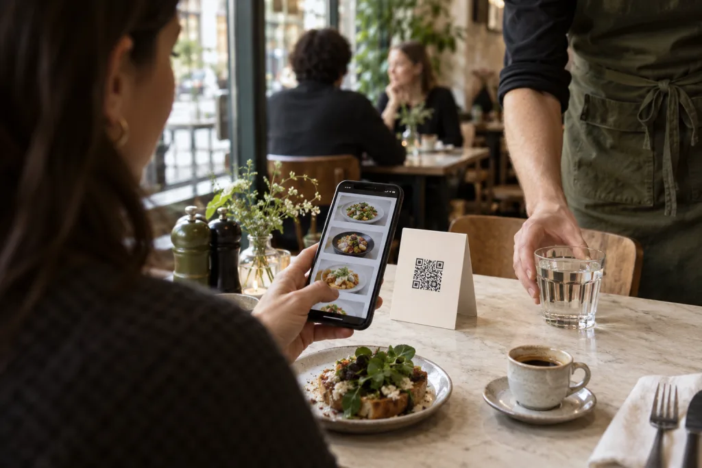 Illustration: Gast bestellt per Smartphone am Tisch, während der Service Wasser bringt