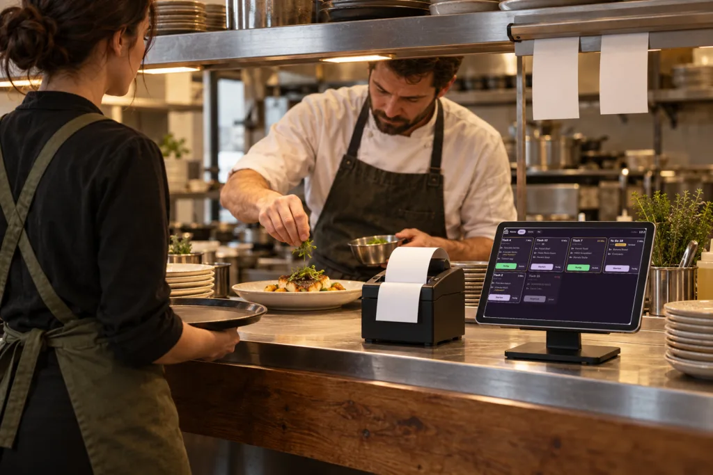 Kitchen pass with a receipt printer and a kitchen display showing open orders by table