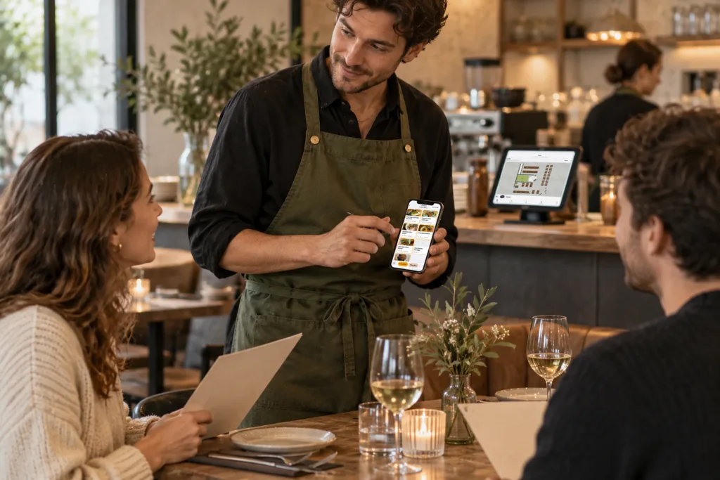 Kellner nimmt am Tisch die Bestellung auf dem Kassen-Handy auf, am Tresen zeigt das Tablet den Tischplan
