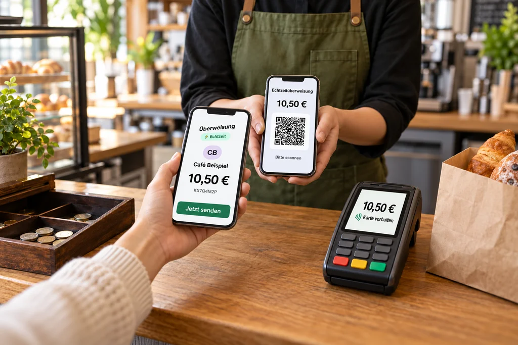 B&auml;ckerei-Tresen mit drei Zahlwegen: Bargeld, Kartenterminal und QR-Code auf dem Kassen-Handy, den die Kundin mit ihrer Banking-App bezahlt
